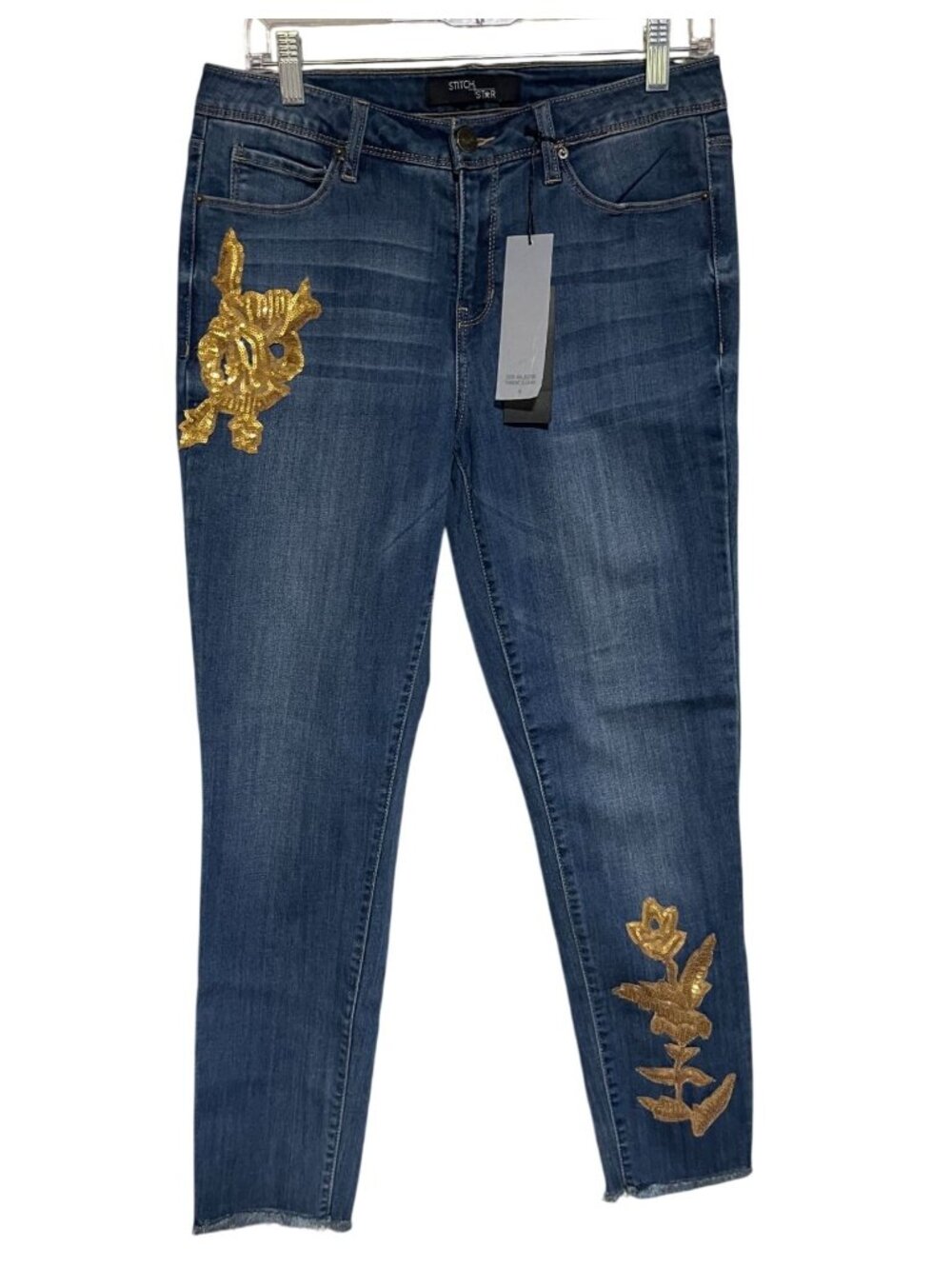 Stitch Star Womens Ankle Skinny Jeans Womens  6 Gold Floral Embroidery Raw Hem